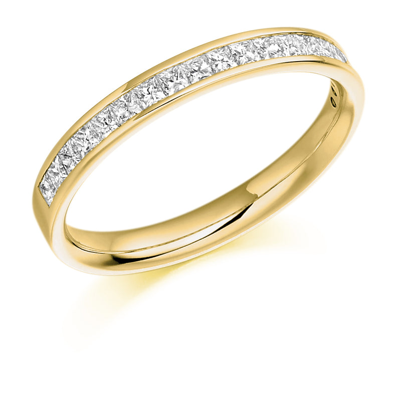 Ladies 18ct Yellow Gold Half Set Princess 0.50ct Diamond 2.5mm Wedding Ring