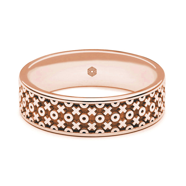 Horizontal Shot of Mens 18ct Rose Gold Flat Court ShapeWedding Ring With X's and O's Pattern