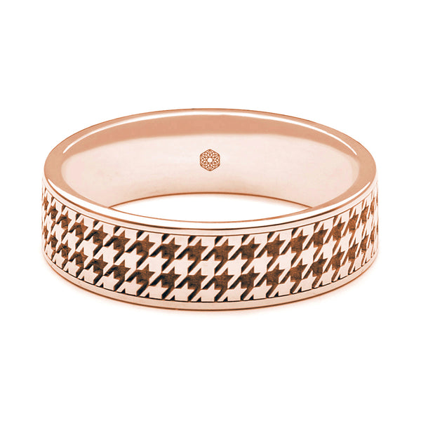 Horizontal Shot of Mens 18ct Rose Gold Flat Court ShapeWedding Ring With Houndstooth Pattern