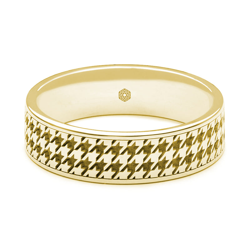 Horizontal Shot of Mens 18ct Yellow Gold Flat Court Shape Ring With Houndstooth Pattern