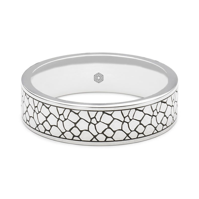 Horizontal Shot of Mens Platinum 950 Flat Court Shape Wedding Ring With Crackle Pattern