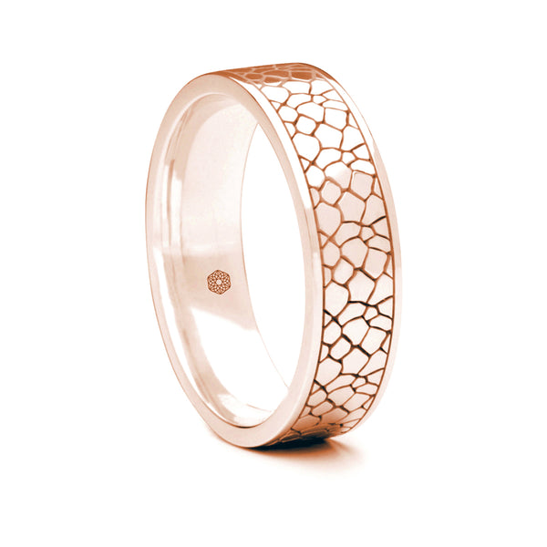 Mens 18ct Rose Gold Flat Court ShapeWedding Ring With Crackle Pattern