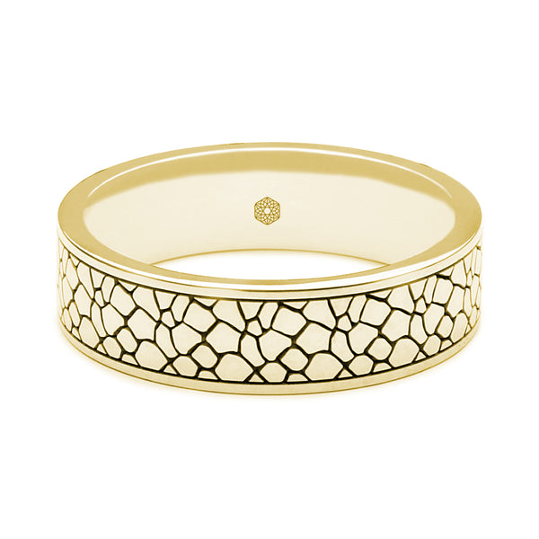 Horizontal Shot of Mens 18ct Yellow Gold Flat Court Shape Ring With Crackle Pattern