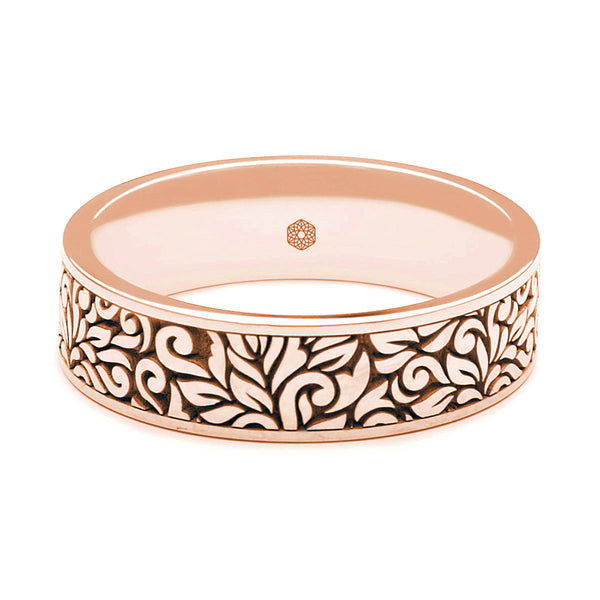 Horizontal Shot of Mens 18ct Rose Gold Flat Court Wedding Ring With Leaf Pattern