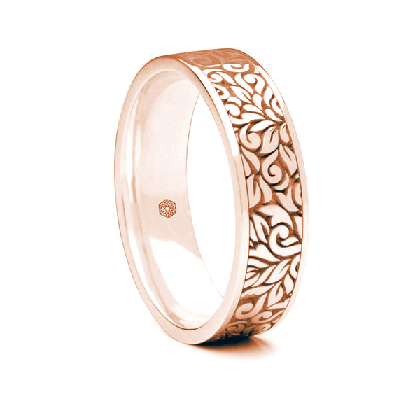 Mens 18ct Rose Gold Flat Court Wedding Ring With Leaf Pattern