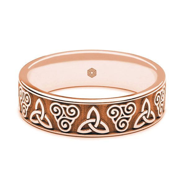 Horizontal Shot of Mens 18ct Rose Gold Flat Court Wedding Ring With Double Celtic Pattern