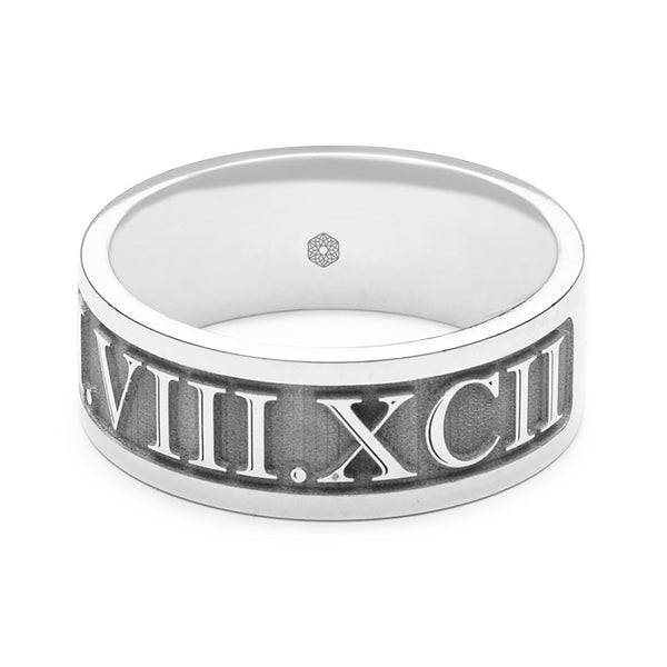 Horizontal Shot of Mens Platinum 950 Flat Court Wedding Ring with Roman Numerals