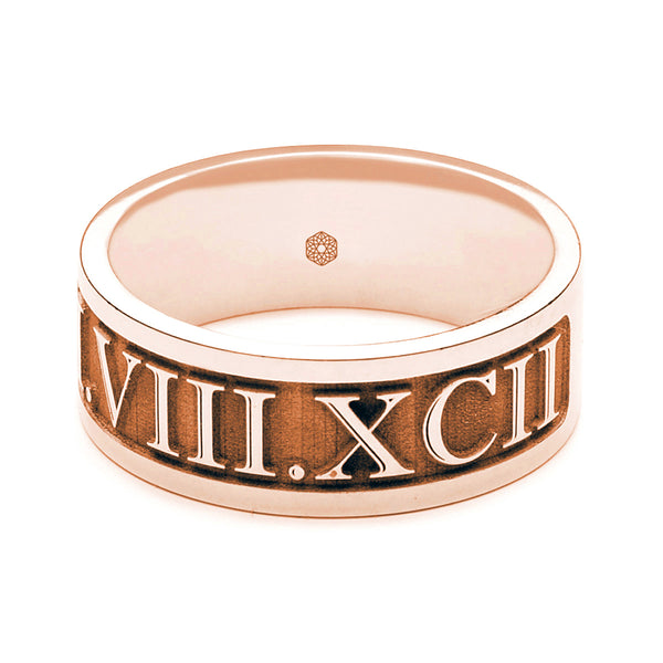 Horizontal Shot of Mens 18ct Rose Gold Flat Court Wedding Ring with Roman Numerals