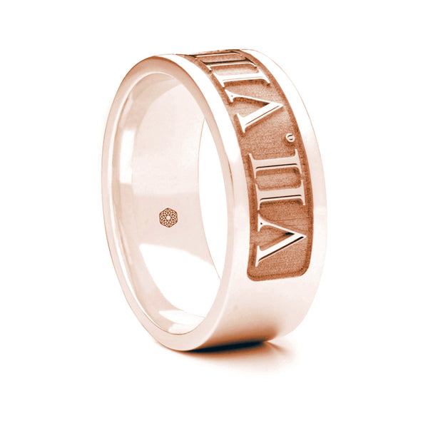 Mens 18ct Rose Gold Flat Court Wedding Ring with Roman Numerals