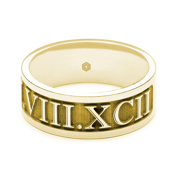 Horizontal Shot of Mens 18ct Yellow Gold Flat Court Ring with Roman Numerals