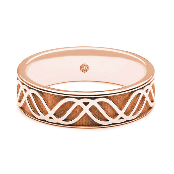 Horizontal Shot of Mens 18ct Rose Gold Flat Court Wedding Ring with Wave pattern