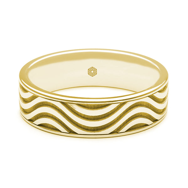 Horizontal Shot of Mens 18ct Yellow Gold Flat Court Shape Ring With Multi-Wave pattern