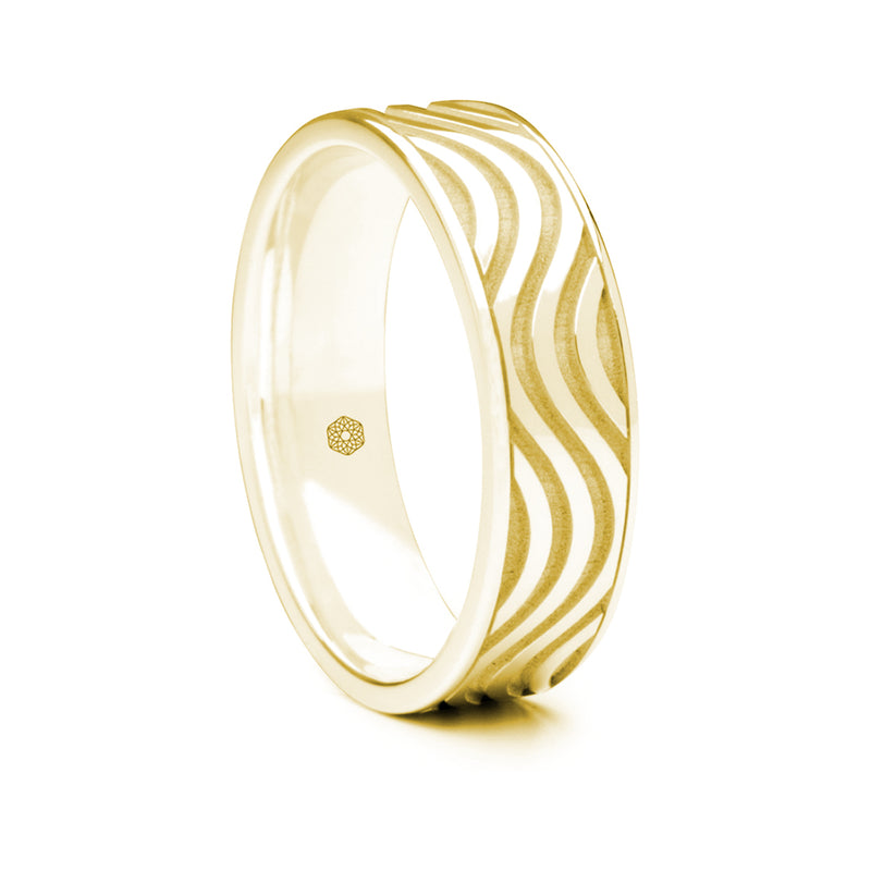 Mens 18ct Yellow Gold Flat Court Shape Ring With Multi-Wave pattern