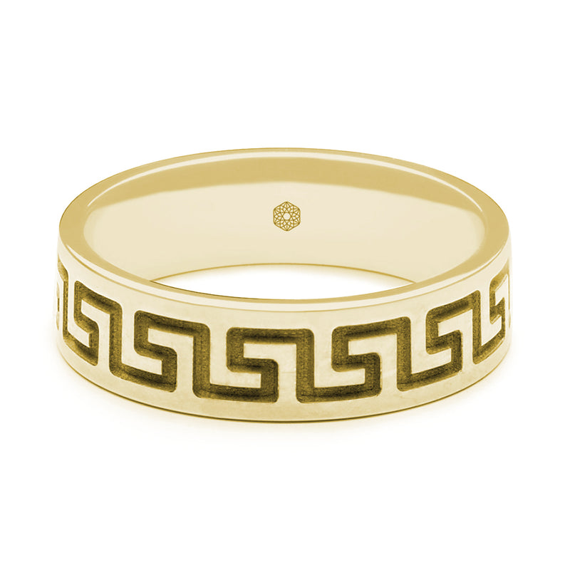 Horizontal Shot of Mens 9ct Yellow Gold Flat Court Wedding Ring With Single Row Greek Key Pattern