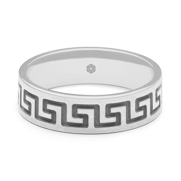 Horizontal Shot of Mens Platinum 950 Flat Court Wedding Ring With Single Row Greek Key Pattern