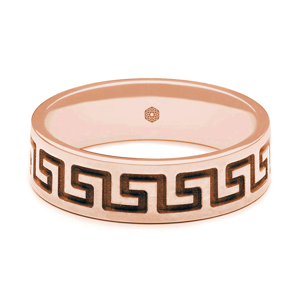 Horizontal Shot of Mens 18ct Rose Gold Flat Court Wedding Ring With Single Row Greek Key Pattern