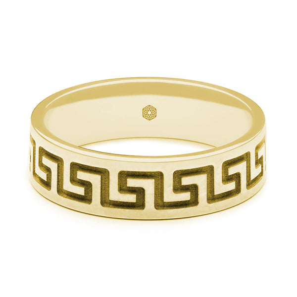 Horizontal Shot of Mens 18ct Yellow Gold Flat Court Ring With Single Row Greek Key Pattern