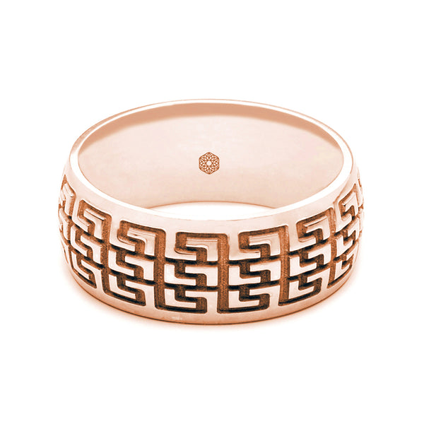 Horizontal Shot of Mens 18ct Rose Gold Court Shape Wedding Ring With Multiple Greek Key Pattern