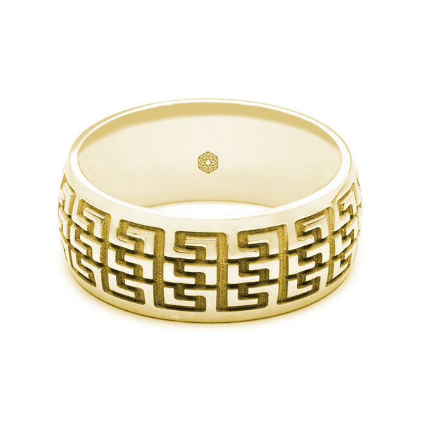 Horizontal Shot of Mens 18ct Yellow Gold Court Shape Ring With Multiple Greek Key Pattern