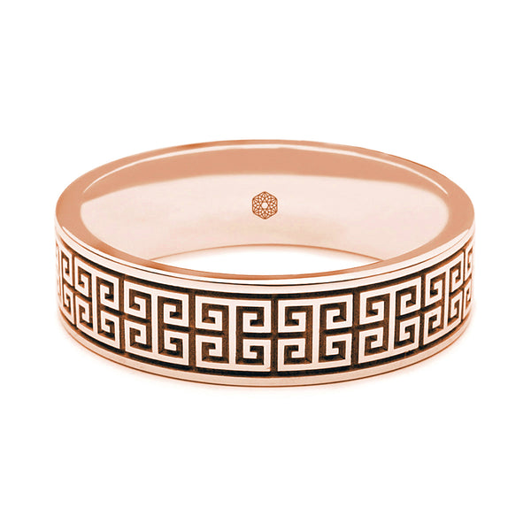 Horizontal Shot of Mens 18ct Rose Gold Flat Court Wedding Ring With Interlocking Greek Key Pattern