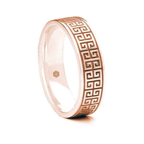 Mens 18ct Rose Gold Flat Court Wedding Ring With Interlocking Greek Key Pattern