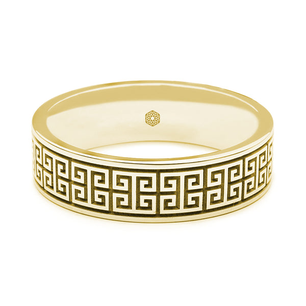 Horizontal Shot of Mens 18ct Yellow Gold Flat Court Ring With Interlocking Greek Key Pattern