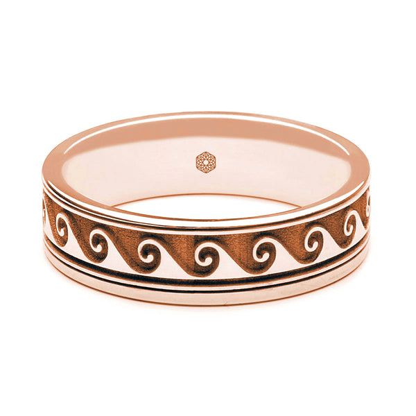 Horizontal Shot of Mens 18ct Rose Gold Flat Court Wedding Ring With Scroll Pattern