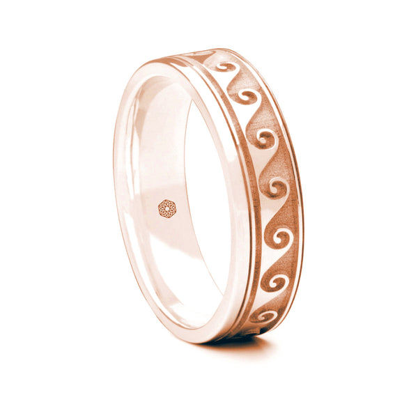 Mens 18ct Rose Gold Flat Court Wedding Ring With Scroll Pattern