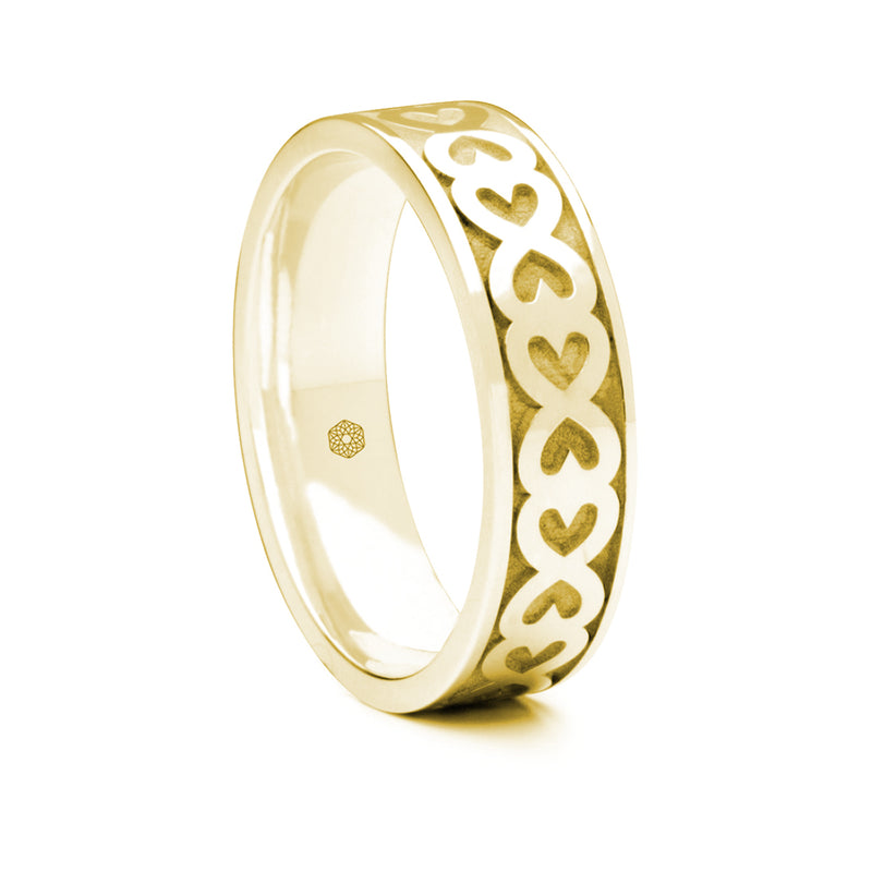 Mens 18ct Yellow Gold Flat Court Ring With Hearts Pattern