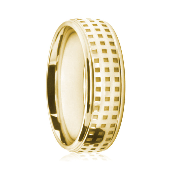 Mens 18ct Yellow Gold Court Shape Ring Rattan Style Pattern