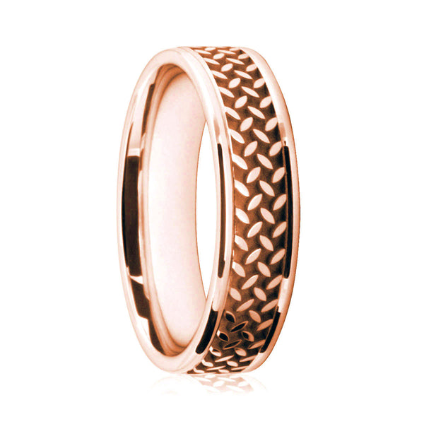 Mens 18ct Rose Gold Flat Court Wedding Ring With Tread Pattern