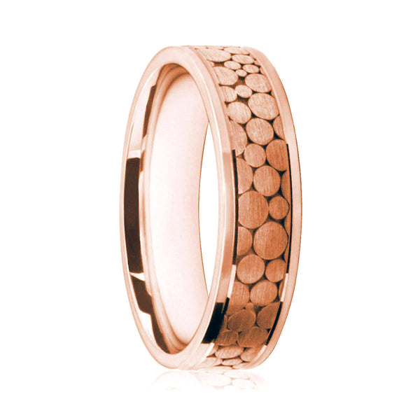 Mens 18ct Rose Gold Flat Court Wedding Ring With Circle Pattern