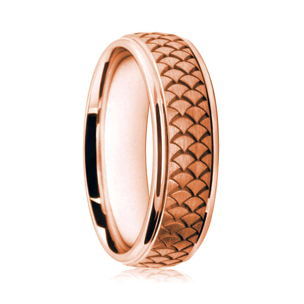 Mens 18ct Rose Gold Flat Court Wedding Ring With Snakeskin Pattern