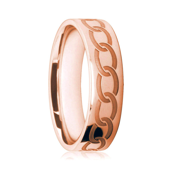 Mens 18ct Rose Gold Flat court Wedding Ring With Engraved Chainlink Pattern