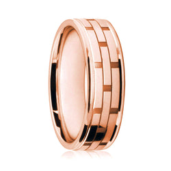 Mens 18ct Rose Gold Flat Shape Wedding Ring With Polished Brickwork Pattern