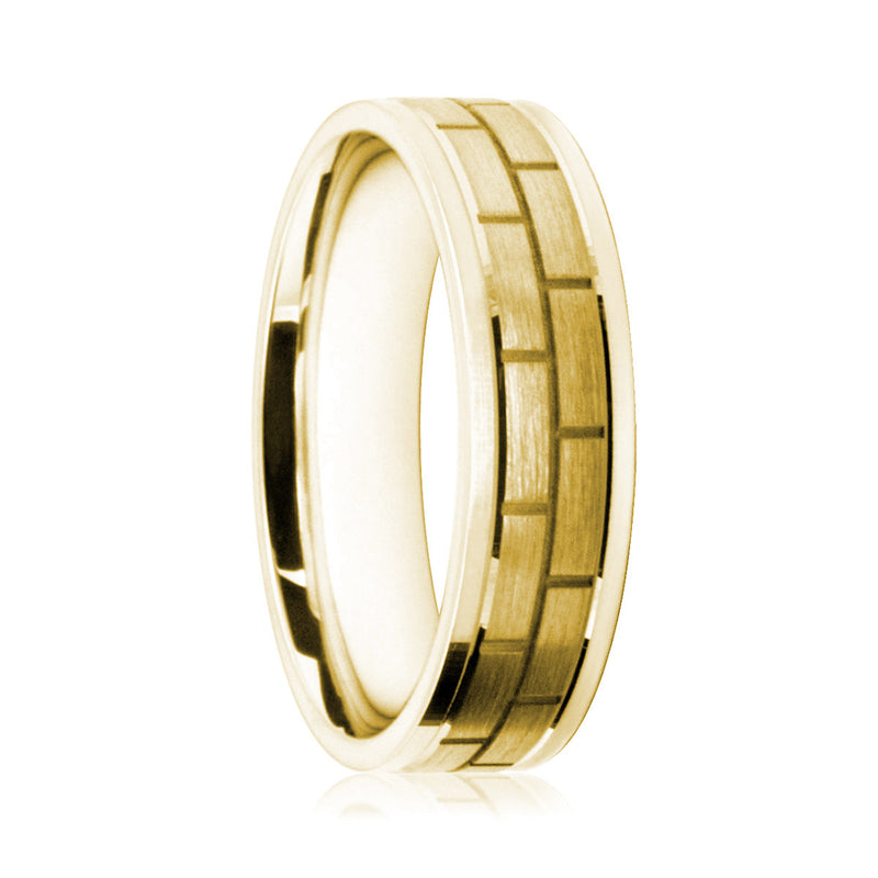 Mens 18ct Yellow Gold Flat Court Ring With a Satin Finish Brickwork Pattern