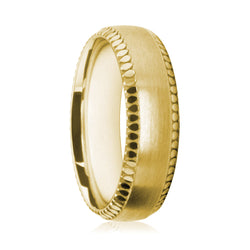 Mens 9ct Yellow Gold Court Shape Wedding Ring With Polished Circular Patterened Edges