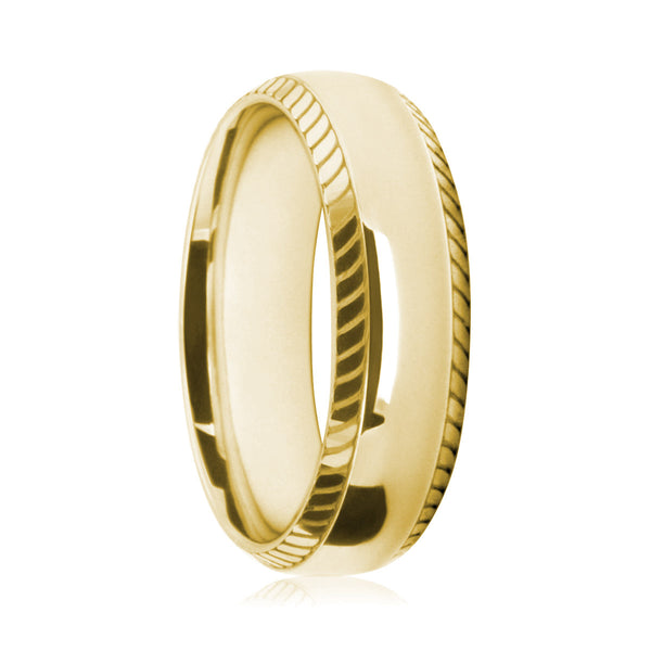 Mens 18ct Yellow Gold Court Shape Ring With Feathered Edges