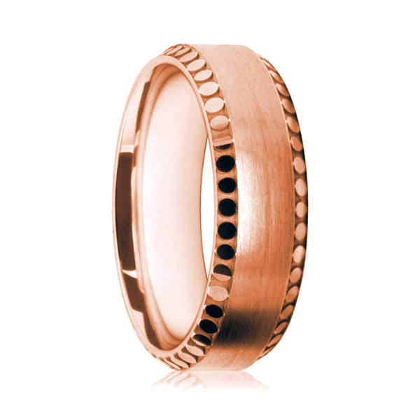 Mens 18ct Rose Gold Court Shape Wedding Ring With Pebble Patterned Edges