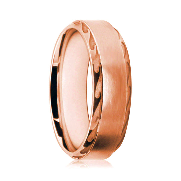 Mens 18ct Rose Gold Court Shape Wedding Ring With Wave Patterned Edges