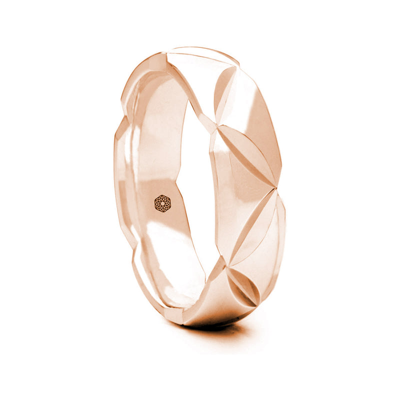 Mens Polished 18ct Rose Gold Court Shape Wedding Ring With Angled Groove Pattern