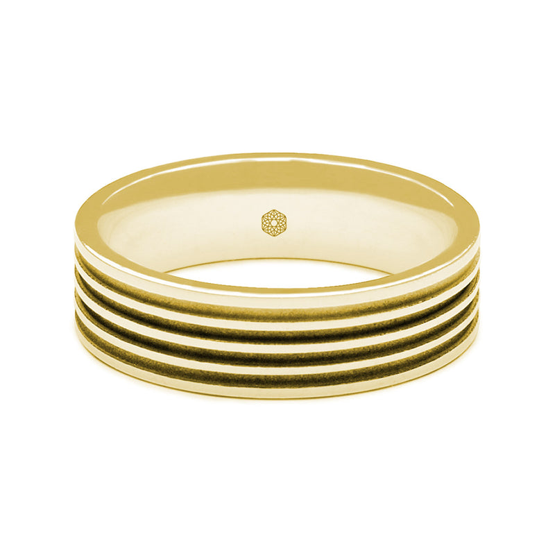 Horizontal Shot of Mens Polished 18ct Rose Gold Flat Shape Wedding Ring With Four Matte Finish Grooves
