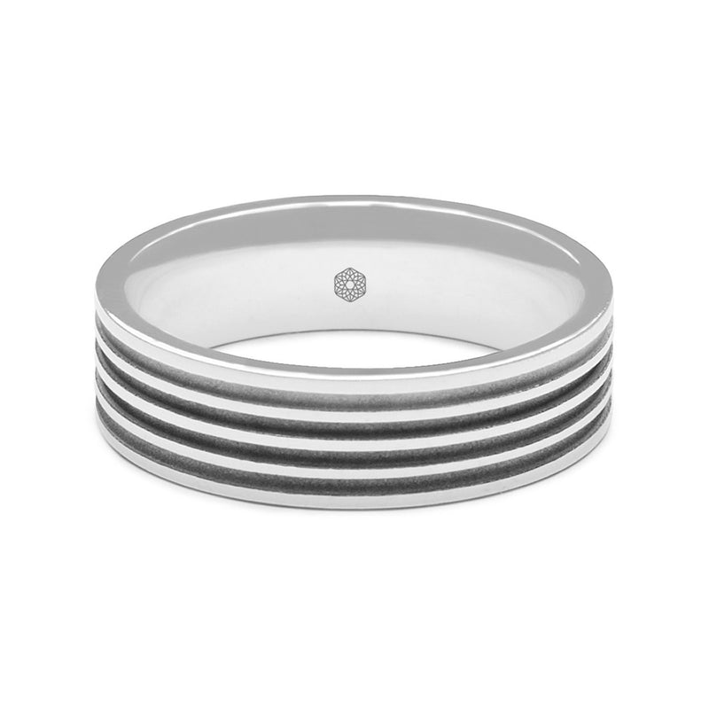 Horizontal Shot of Mens Polished 18ct White Gold Flat Shape Wedding Ring With Four Matte Finish Grooves